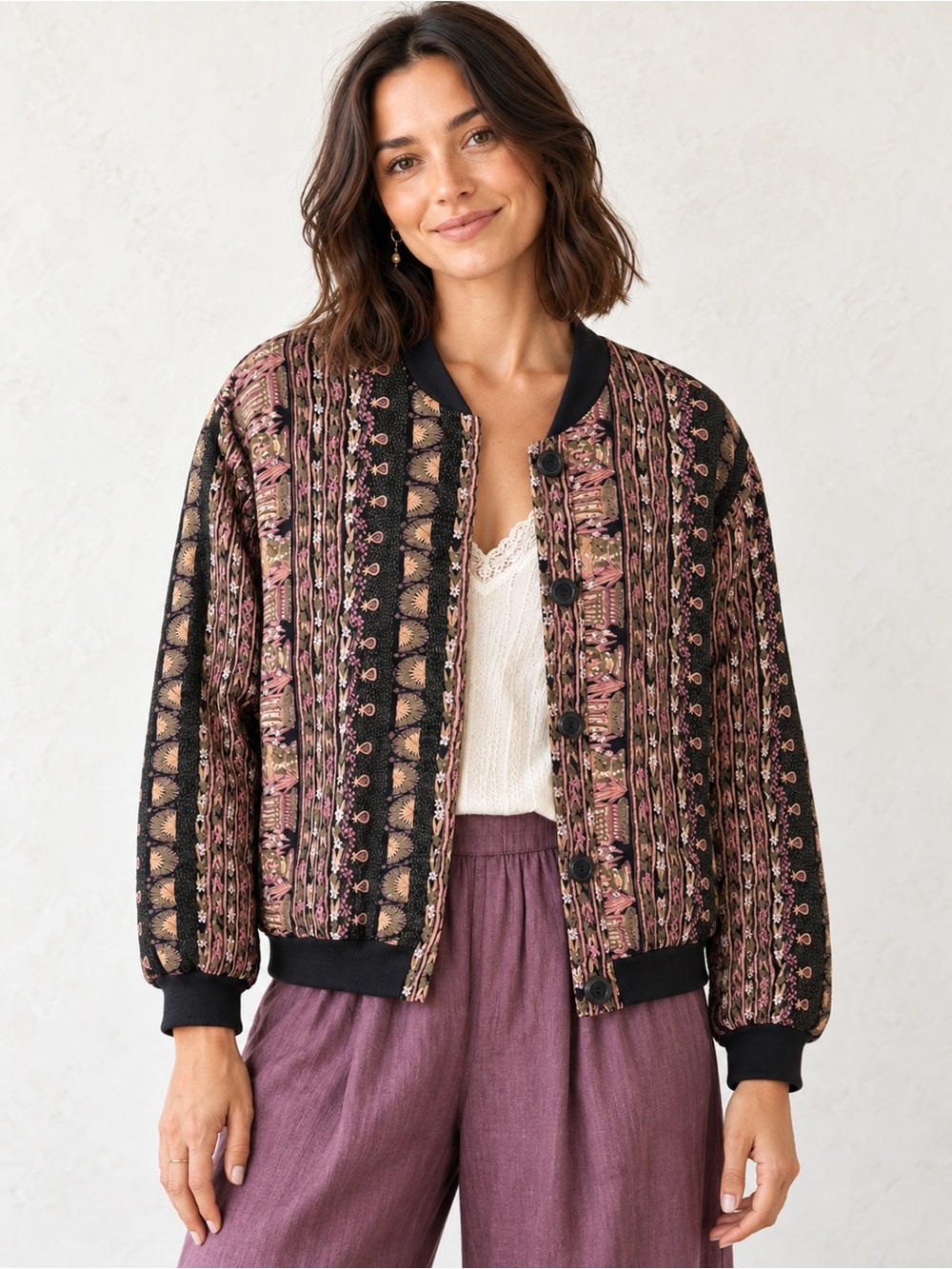 Vintage 90s Quilted Bomber Jacket M Abstract Floral Print